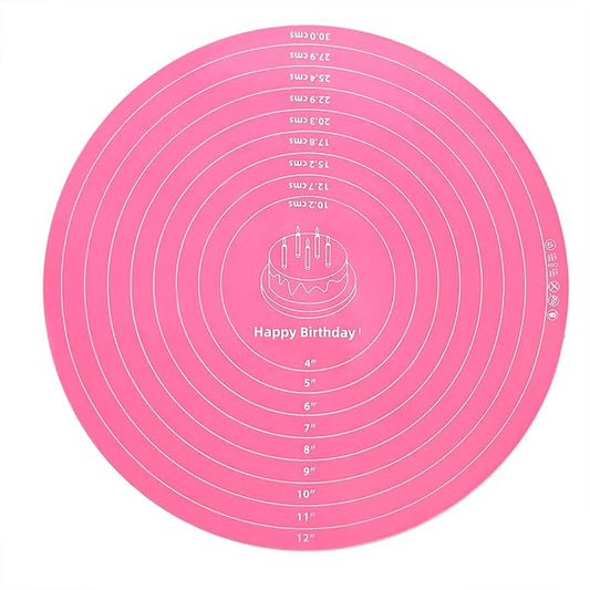 Silicone Cake Mat, 12 Inch Round Silicone Mat, Cake Mat with Measurements, Cake Turntable Mat, Reusable Cookie Mat for Rolling Dough, Non-Stick Heat Resistant, Pastry Baking Pad Pink