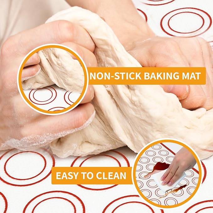 Rolling-Pin-Silicone-Baking-Mats-Set, Nonstick Dough Rolling Pastry Mat for Cookie Macaroon Pie Crust Pizza, Heat-resistant Silicone Baking Sheets for Oven, Silicon Macaroons Baking Mats