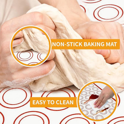 Rolling-Pin-Silicone-Baking-Mats-Set, Nonstick Dough Rolling Pastry Mat for Cookie Macaroon Pie Crust Pizza, Heat-resistant Silicone Baking Sheets for Oven, Silicon Macaroons Baking Mats