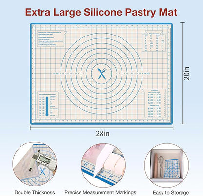Silicone Baking Mat,Non Stick Pastry Mat, Non Slip 28" x 20" Extra Thick Large Rolling Dough Sheet, Counter,Food Grade Pizza, Fondant, Macarons,Cookies, Baking Supplies for kitchen,Blue